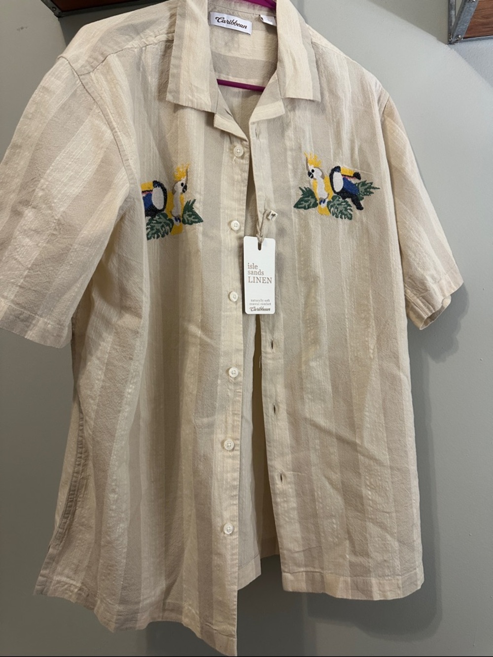 Caribbean Cream Short-Sleeve Linen Shirt with Toucan Embroidery